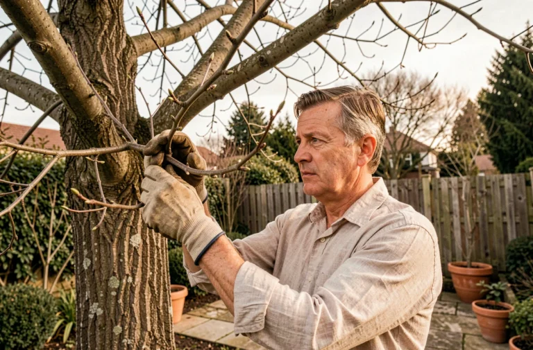 Jardinier inspectant les branches d'un mûrier platane sans fruits dans un jardin résidentiel français