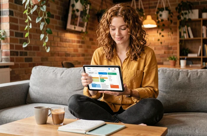 Jeune femme consultant un audit SEO et des recommandations de référencement sur une tablette dans un espace de coworking