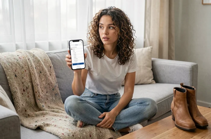 Jeune femme utilisant son smartphone pour explorer le plan du site d'une boutique de chaussures depuis son salon