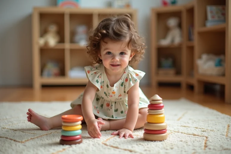 Petite fille en bas âge jouant avec des anneaux empilables colorés et des cubes en bois sur un parquet en chêne dans une salle de jeux lumineuse