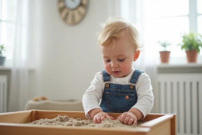 Tout-petit en salopette en jean explorant une table sensorielle remplie de sable kinétique, les mains plongées dans la matière avec une expression d'émerveillement