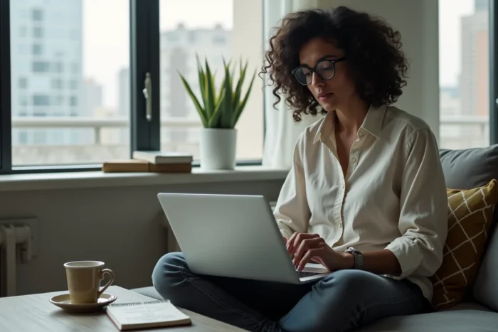 Journaliste indépendante lisant des actualités numériques libres sur un ordinateur portable dans un appartement moderne