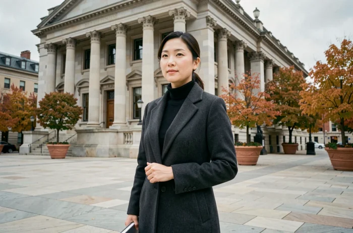 Lisha Bai devant une institution culturelle prestigieuse, tenant un portfolio dans un cadre architectural classique