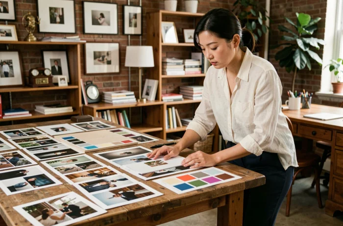 Lisha Bai examinant des planches créatives dans un bureau éditorial chaleureux avec des tirages photo et des moodboards