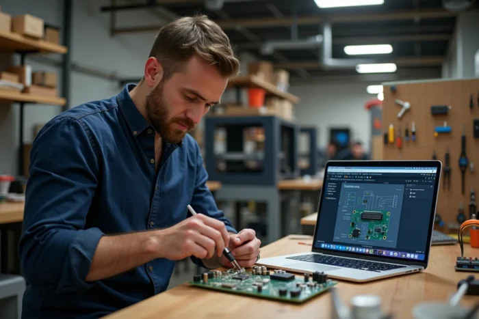 Maker travaillant sur un circuit électronique dans un atelier créatif moderne avec des outils numériques en ligne sur ordinateur portable