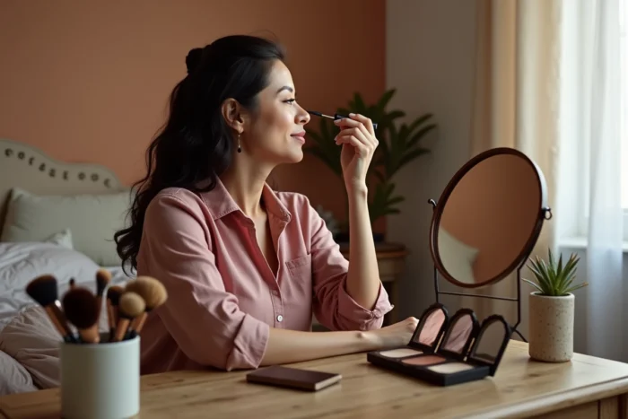 Femme appliquant du mascara devant un miroir vintage sur une coiffeuse en bois avec des pinceaux et palettes de maquillage