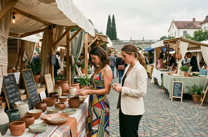 Deux femmes explorant des créations artisanales et textiles lors d'un marché de design en plein air
