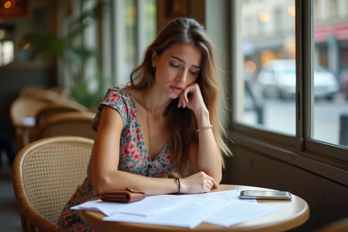 Jeune femme mariée analysant les coûts et documents de lune de miel dans un café parisien