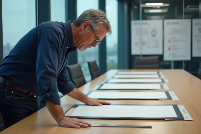 Responsable marketing mesurant et comparant des formats d'affiches sur une table de réunion