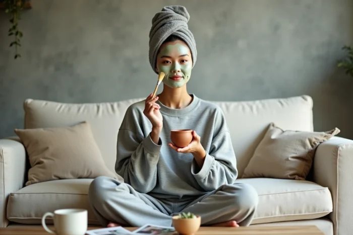 Jeune femme appliquant un masque visage à l'argile sur son canapé lors d'une séance de soin beauté à domicile