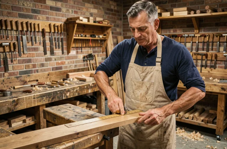 Menuisier expérimenté mesurant une planche en chêne dans un atelier de menuiserie artisanale