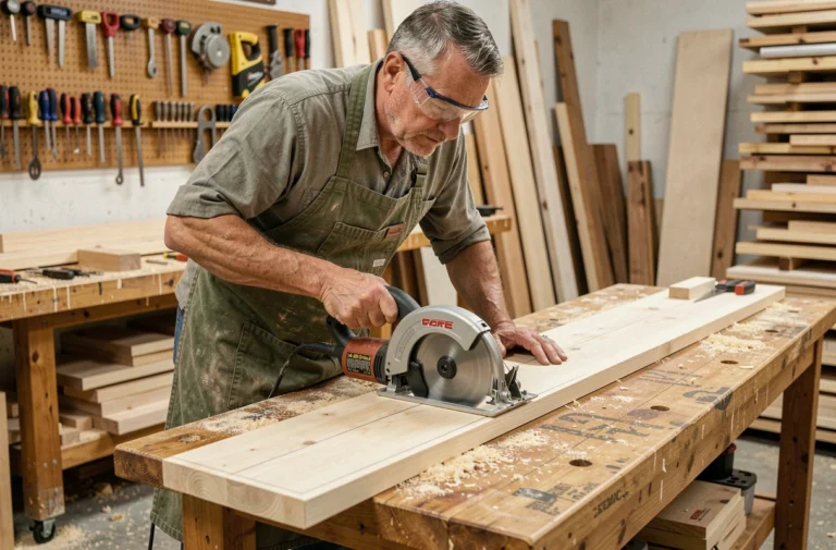 Menuisier professionnel guidant une scie circulaire le long d'une planche en bois marquée au crayon sur un établi d'atelier