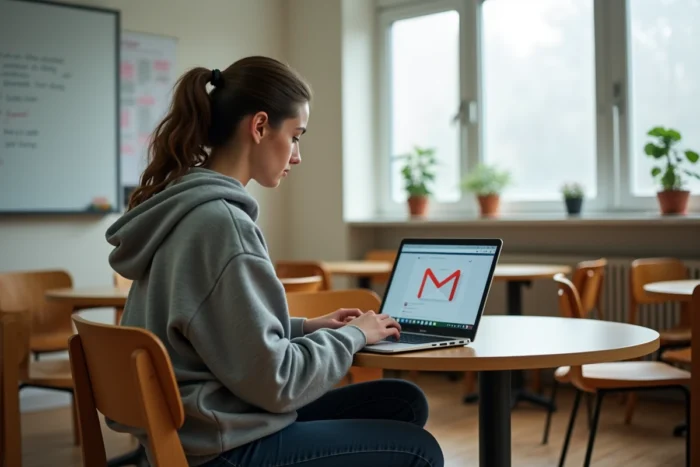 Jeune enseignante utilisant la messagerie académique de Créteil depuis la salle des professeurs