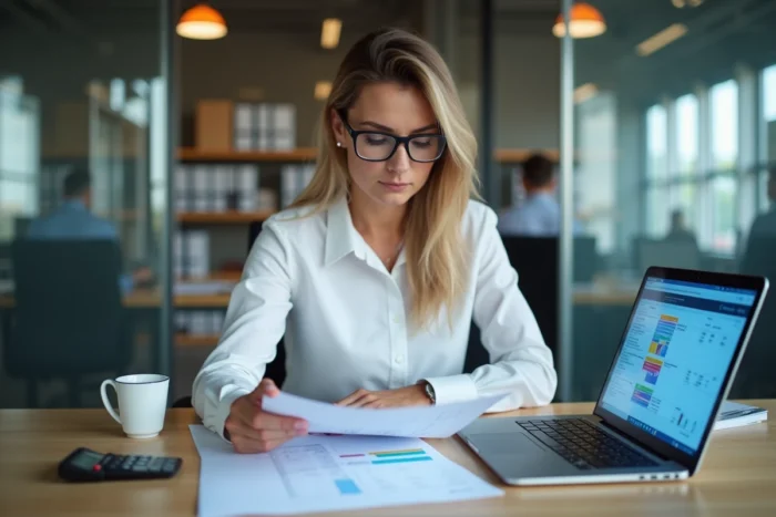 Métreur BTP femme révisant des feuilles de devis et marges chantier sur ordinateur dans un bureau de construction