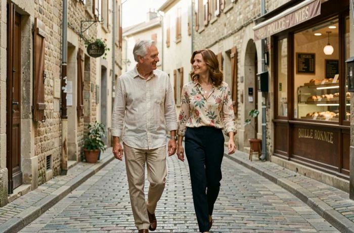 Un couple élégant se promenant dans un village français pittoresque, évoquant la vie privée et sereine de Michel Platini et Christelle