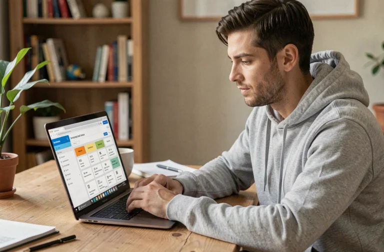 Homme naviguant sur la page sitemap d'un site sportif depuis son bureau à domicile
