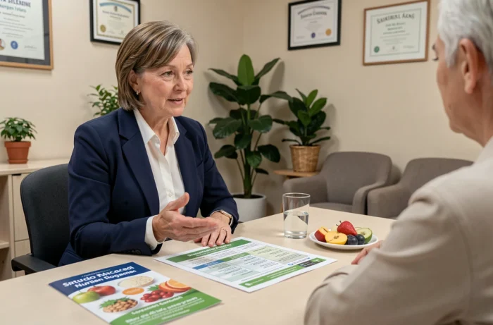 Nutritionniste expliquant le programme Reborn 21 à une patiente lors d'une consultation diététique professionnelle