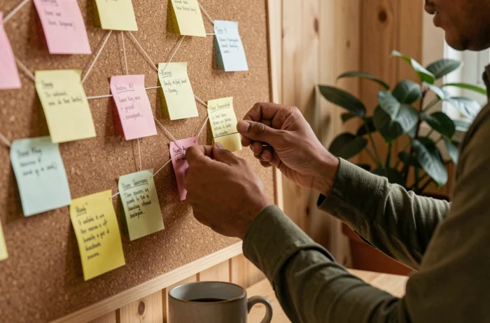 Mains organisant des post-it colorés sur un tableau en liège pour créer un plan de site visuel dans un bureau à domicile