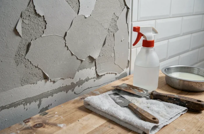 Gros plan sur des outils de dissolution d'enduit sec posés contre un mur en cours de rénovation avec spray et spatule
