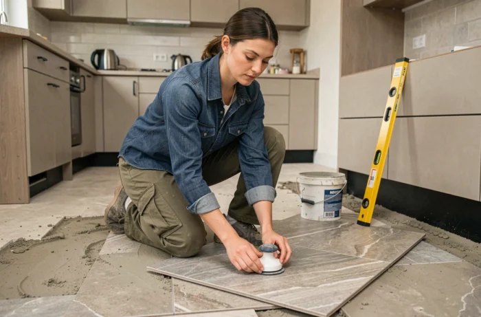 Woman laying stone-effect tiles in a kitchen renovation using an ergonomic tile suction cup