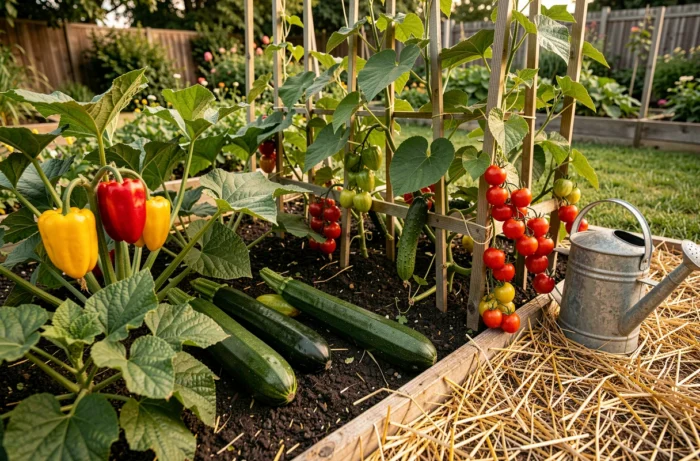 Vue grand-angle d'un potager domestique abondant avec courgettes, poivrons, tomates cerises et concombres sur treillis en bois