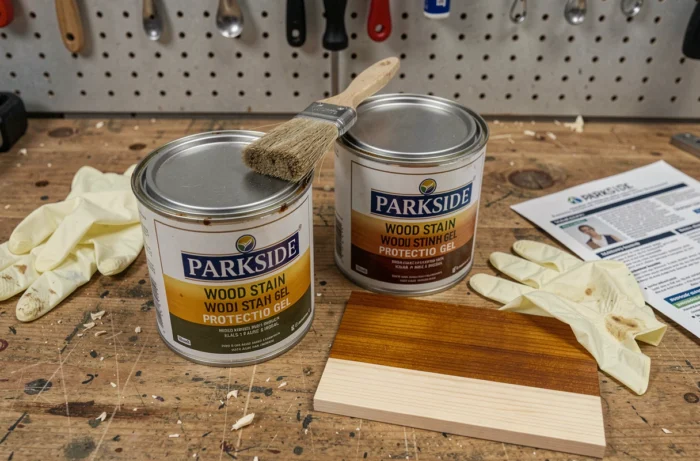 Gros plan sur des boîtes de lasure Parkside et gel de protection bois posées sur un établi d'atelier
