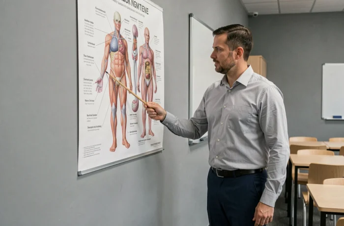 Professeur de médecine pointant des parties du corps sur un poster anatomique en salle de cours