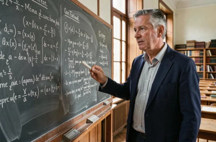 Professeur de classe préparatoire devant un tableau noir rempli de formules mathématiques dans une salle de cours traditionnelle