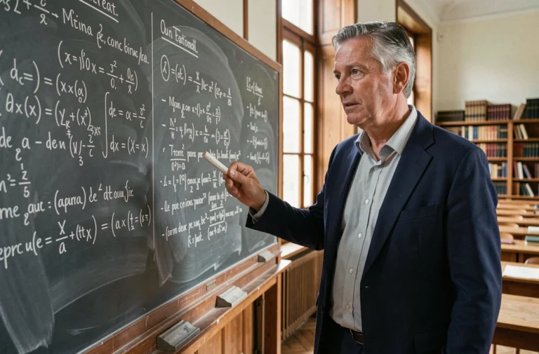 Professeur de classe préparatoire devant un tableau noir rempli de formules mathématiques dans une salle de cours traditionnelle