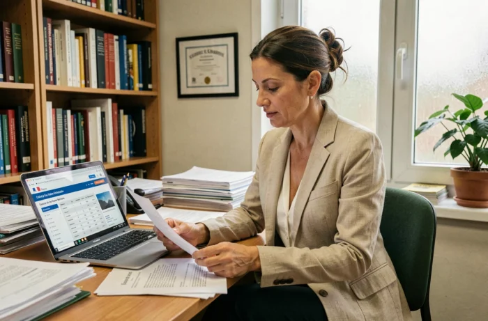 Professeure de prépa consultant sa grille de salaire et des documents administratifs dans son bureau universitaire