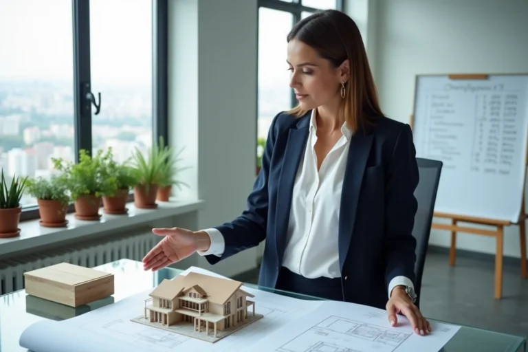 Professionnelle de l'immobilier analysant des plans architecturaux et des documents d'investissement dans un bureau moderne avec vue sur la ville
