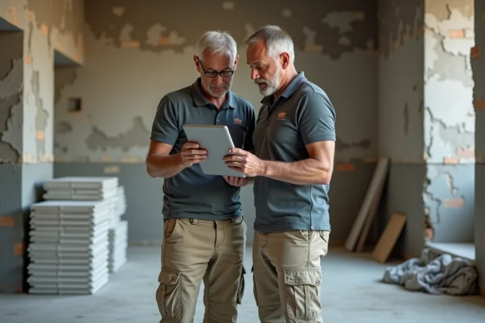 Deux professionnels BTP consultant un logiciel de devis sur tablette dans un chantier de rénovation intérieure