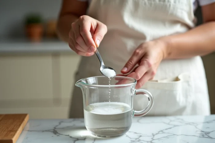 Femme mesurant précisément la quantité de sel à ajouter dans un verre d'eau dans une cuisine moderne