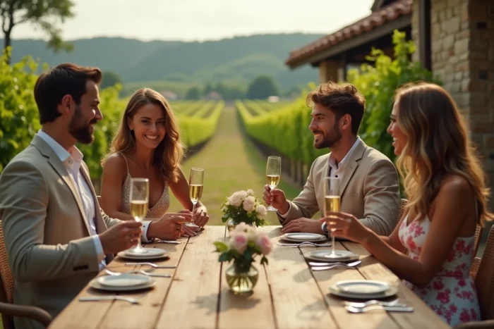 Quatre couples élégants portant un toast au champagne dans un vignoble lors d'une émission de mariages