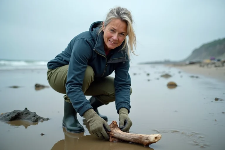 Femme ramassant du bois flotté sur une plage après une tempête à marée basse