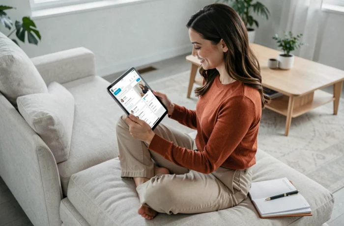 Young woman searching for a job in home teaching via a digital tablet