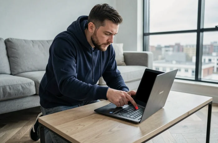 Homme effectuant une réinitialisation forcée sur un ordinateur portable Lenovo avec écran noir dans un salon moderne