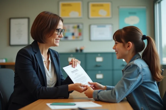 Enseignante remettant le diplôme du brevet à un élève dans un bureau administratif de collège