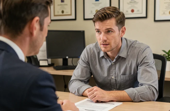 Jeune homme en rendez-vous avec un conseiller en assurance auto dans une agence professionnelle, examinant un contrat d'assurance