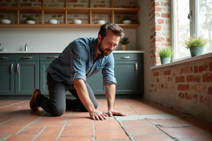 Homme en train de poser du carrelage en terre cuite dans une cuisine rénovée avec des étagères en bois et des herbes aromatiques