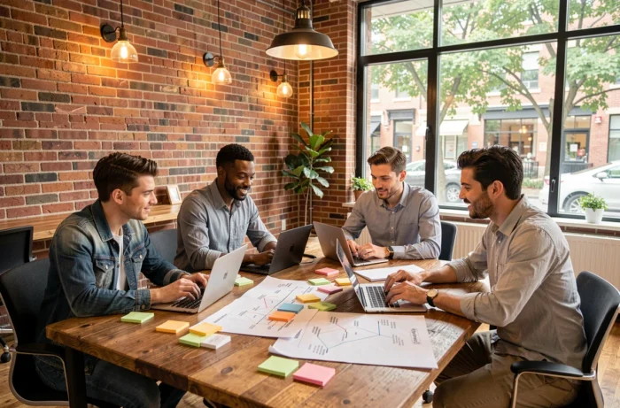 Équipe de professionnels en réunion de brainstorming pour définir les meilleures stratégies de croissance d'entreprise