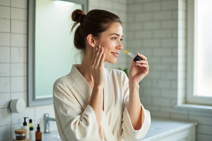 Femme appliquant un sérum visage devant son miroir de salle de bain avec des produits de soins naturels disposés sur le comptoir en marbre