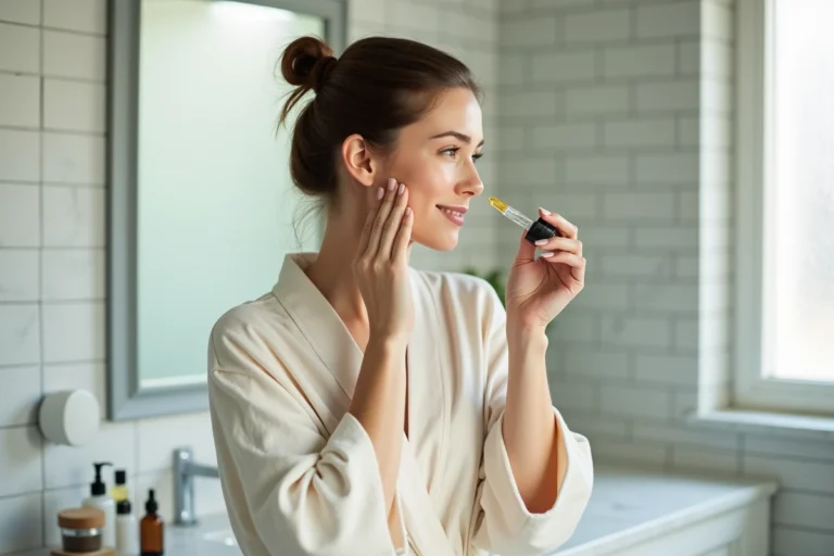 Femme appliquant un sérum visage devant son miroir de salle de bain avec des produits de soins naturels disposés sur le comptoir en marbre