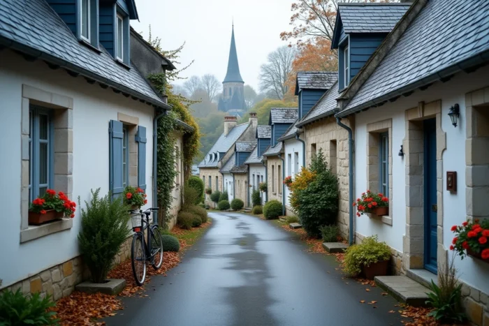 Rue pittoresque d'un village du Pays de Retz avec maisons blanchies à la chaux et toits en ardoise grise