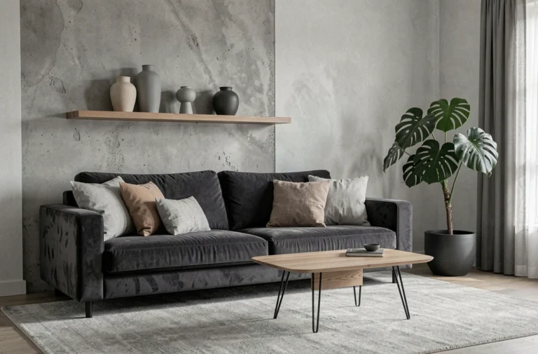 Salon contemporain décoré dans des tons de gris avec canapé en velours charbon, mur en béton et accessoires en céramique gris ardoise