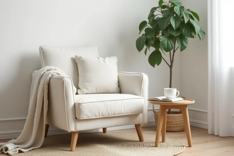 Coin salon scandinave cosy avec fauteuil en lin crème, table en chêne et plante verte dans un intérieur épuré