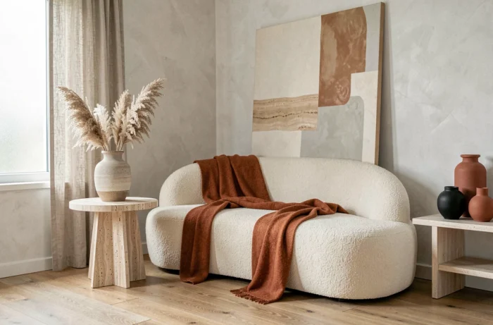 Salon scandinave moderne avec canapé en bouclé ivoire, table en travertin et accessoires déco tendance 2024 en terracotta