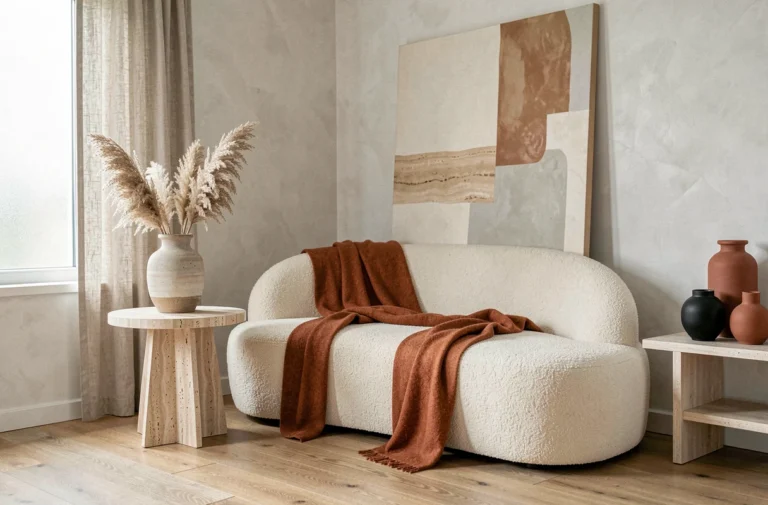 Salon scandinave moderne avec canapé en bouclé ivoire, table en travertin et accessoires déco tendance 2024 en terracotta