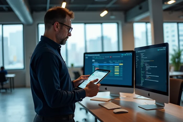 Professionnel vérifiant la sécurité d'un transfert de fichiers sur tablette dans un bureau moderne