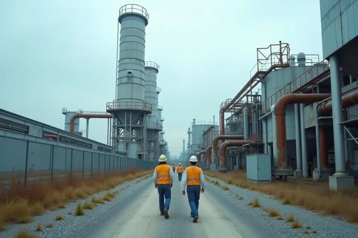 Site industriel de traitement plasma des déchets avec des travailleurs en gilets de sécurité, représentant les activités opérationnelles d'Europlasma dans le contexte boursier 2026